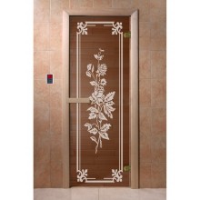 Дверь стеклянная DoorWood 700*1900 "Розы Бронза" стекло бронза прозрачная 6 мм, коробка хвоя, деревянная ручка